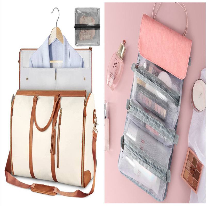 Grote reistas large cream travel bag with brown straps and folding pink makeup organizer with multiple mesh zip compartments