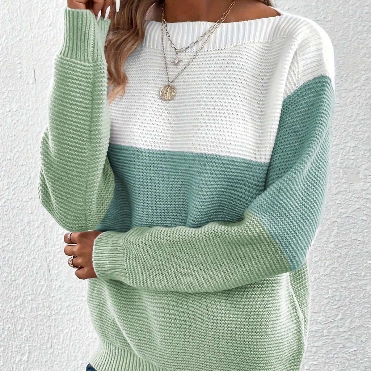 Pullover Knitted Sweater Fashion Round Neck Splicing Knitwear Loose Top Women's Clothing Nexora Store