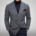casual men's gentleman slim fit plaid suit jacket in gray knitted polyester with double-breasted design and side seam pockets