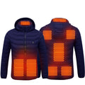 Elektrische verwarmde jas met verwarmingszones voor extra warmte tijdens het skiën, blauw met capuchon.