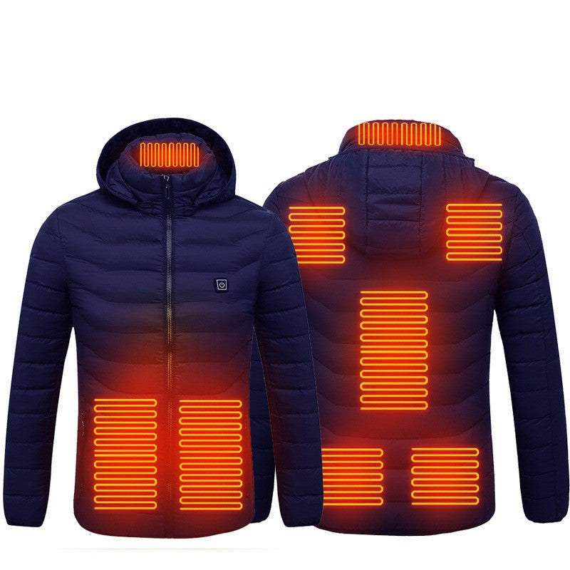Elektrische verwarmde jas met verwarmingszones voor extra warmte tijdens het skiën, blauw met capuchon.