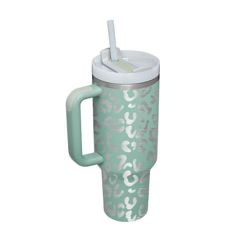 40 oz geïsoleerde roestvrijstalen tumbler met handvat, rietje en morsbestendig deksel, mintgroene leopard print, vacuüm koffiebeker voor onderweg, kantoor en sportschool