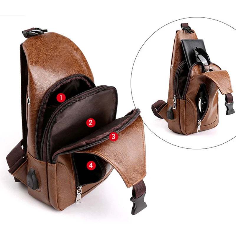 Luxe merk messenger bag leren heren borsttas vintage stijl in zwart en bruin met duurzame PU-materiaal en USB-oplaadpoort