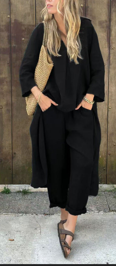 2 stuks lange mouwen pakken losse V-hals - lange top en hoge taille wijde broek met zakken Mijn winkel