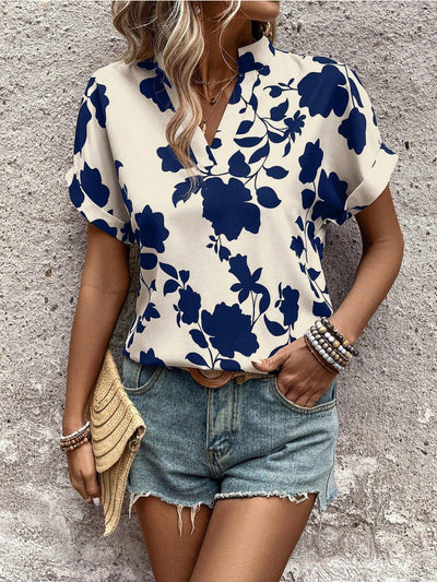Grote bloemenprint V-hals vleermuismouwen casual los overhemd Nexora Store