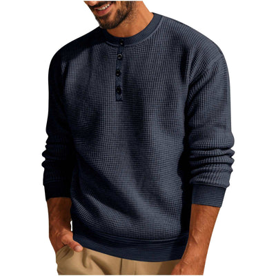 Solid Color Loose Casual Round Neck Long Sleeve Waffle Henley Shirt Nexora Store