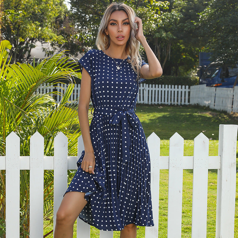 Zomer Dames Polka Dot Korte Mouw Jurk Casual Bandage Feest Geplooide Midi Jurken Elegante Groene Kantoor Dame Kleding Nexora Store