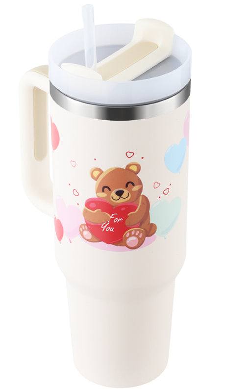 40 oz geïsoleerde tumbler met handvat, rietje, roestvrij staal, teddybeer valentijnsdesign, morsbestendige koffiebeker