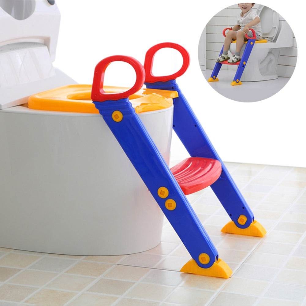 3-in-1 baby-potje training toilet ladder with red handles, blue steps, and yellow base for toddlers