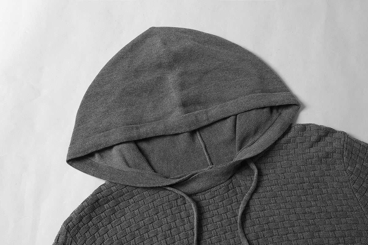 Grey men's hoodies sweater made of 65% cotton and 35% polyester with a textured pattern and drawstring hood