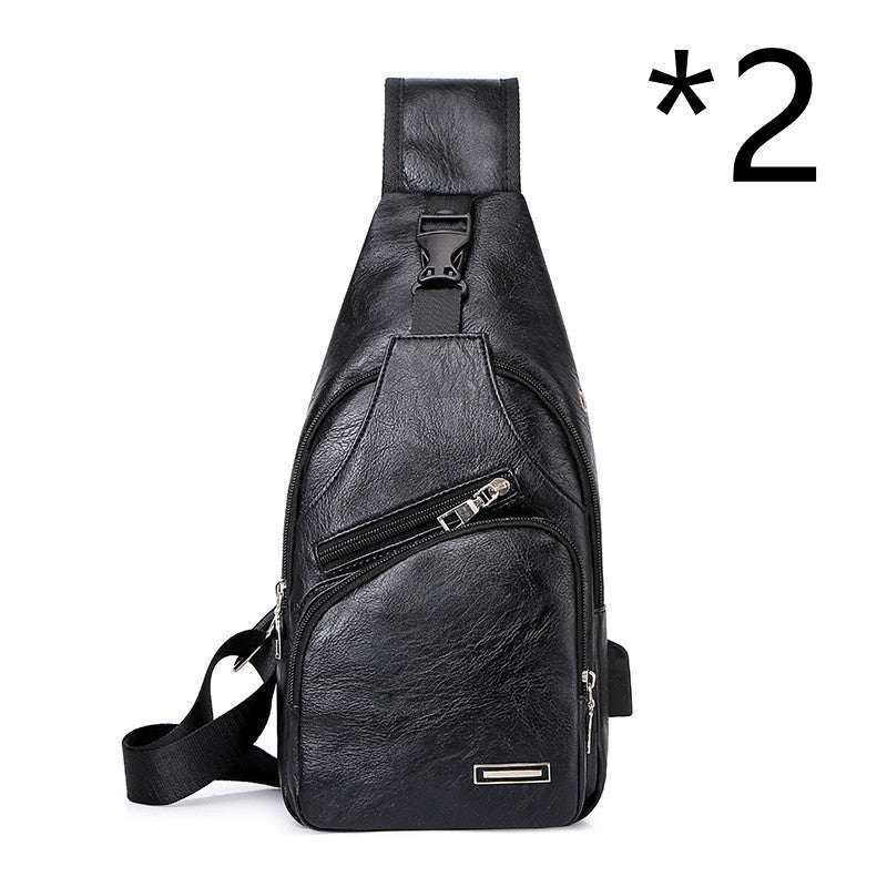 Casual black USB rechargeable men's fashion chest bag with zippered compartments and soft PU leather surface