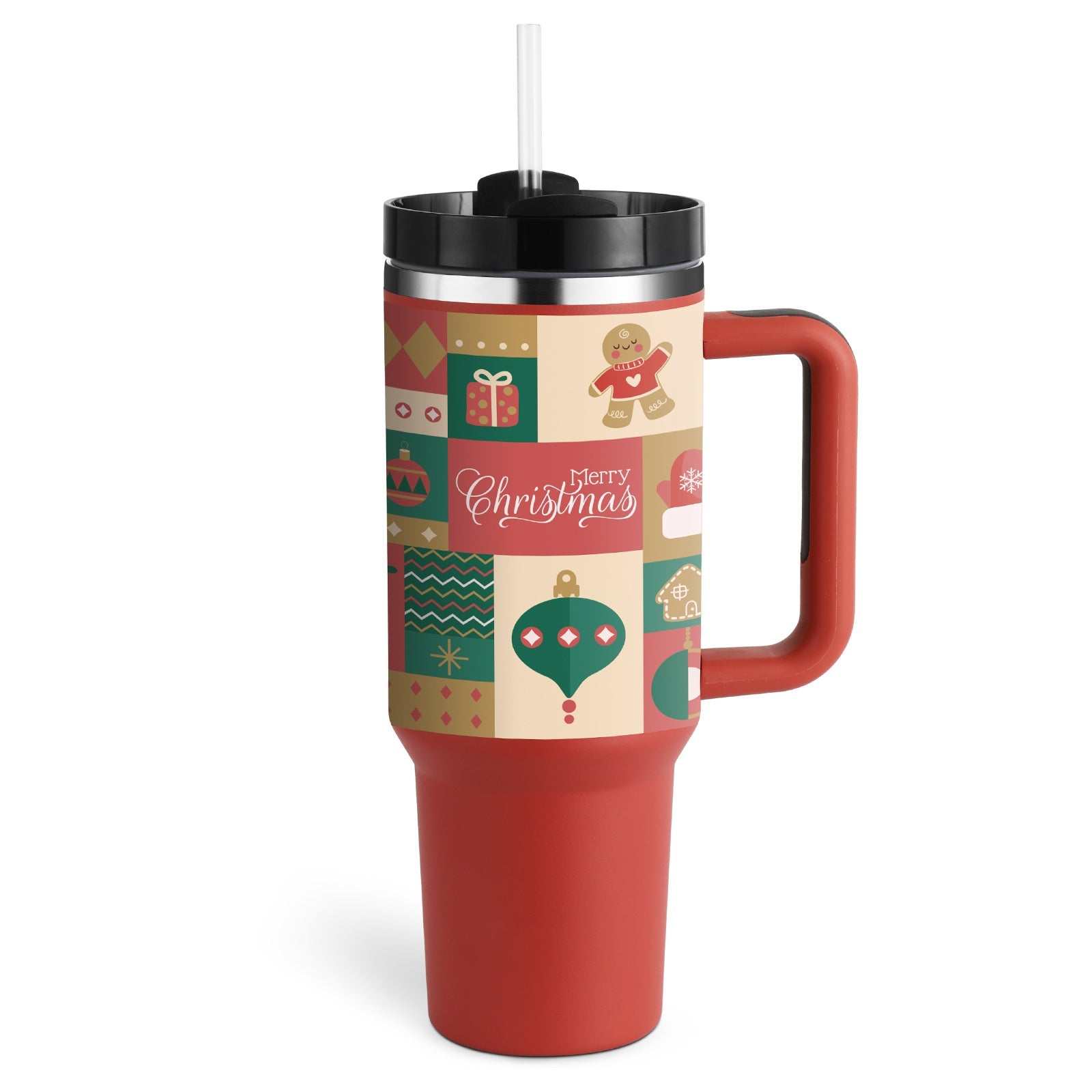 40 oz geïsoleerde roestvrijstalen tumbler met handvat, rietje en kerstdesign, morsbestendig en vacuüm geïsoleerd voor warm en koud drinken