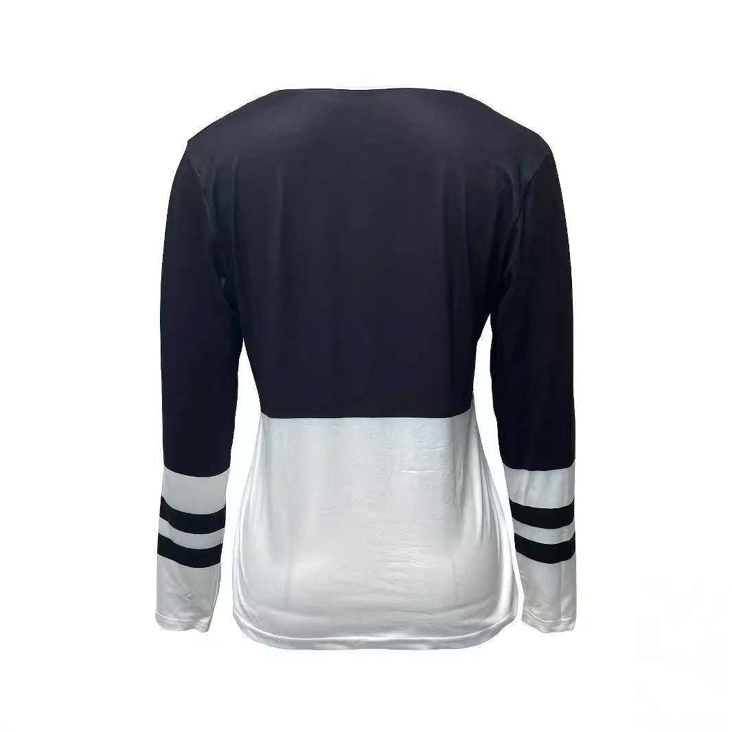 Dames V-hals contrastkleurige gestreepte losse rits T-shirt met lange mouwen Nexora Store