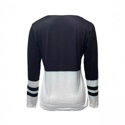 Dames V-hals contrastkleurige gestreepte losse rits T-shirt met lange mouwen Nexora Store