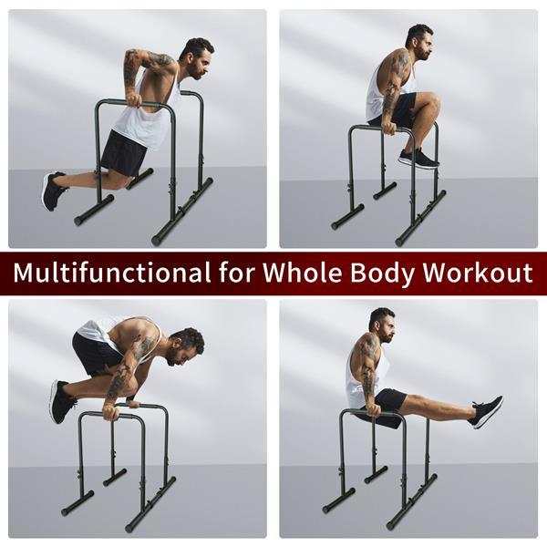 Man performing exercise on adjustable height Power Tower pull up rod stand in home gym