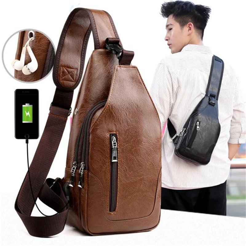 Luxe merk messenger bag leren heren borsttas vintage stijl in zwart en bruin met duurzame PU-materiaal en USB-oplaadpoort