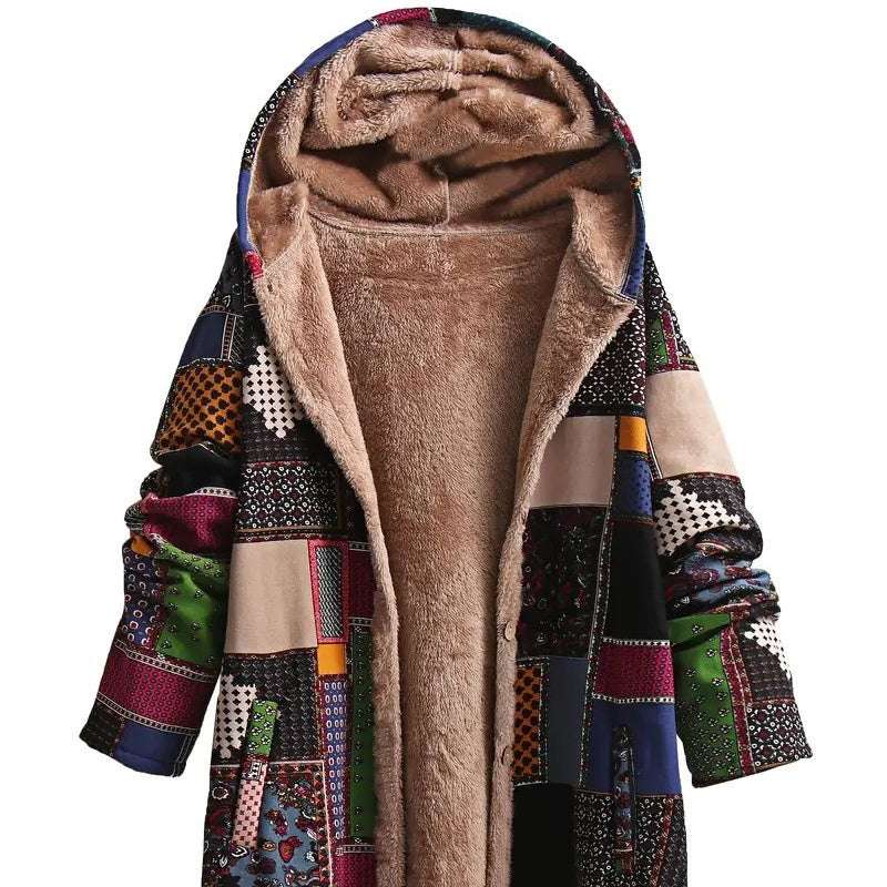 Lightweight women's coat with colorful patchwork design and plush fur lining