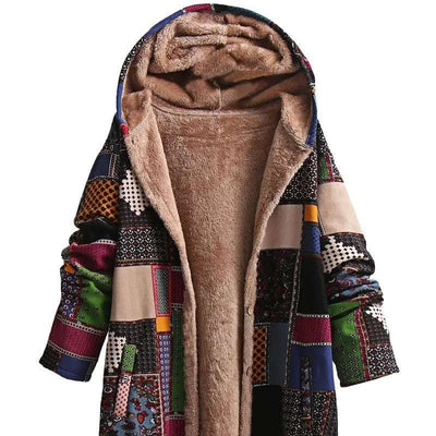 Lightweight women's coat with colorful patchwork design and plush fur lining