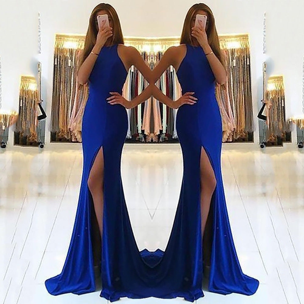 sexy blauwe lange damesjurken met hoge taille en split, elegante avondjurken met wijde rokken en hangende halslijn