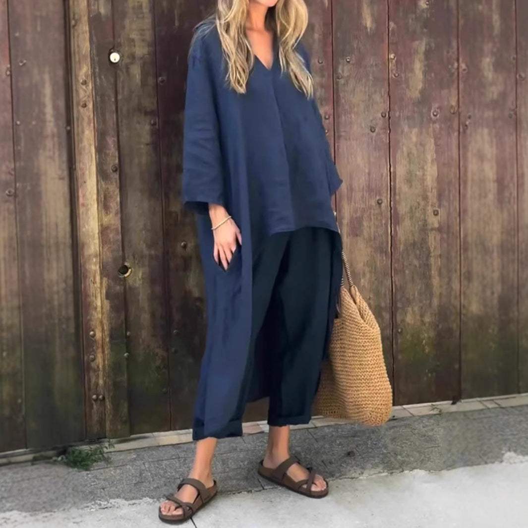 vrouwelijk casual lange mouwen pak blauw losse v-hals top en hoge taille wijde broek met zakken