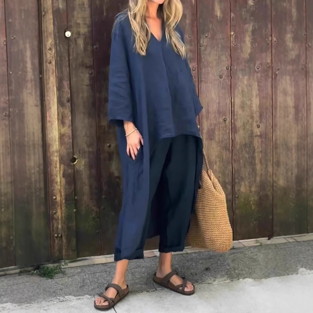 2 stuks lange mouwen pakken losse V-hals - lange top en hoge taille wijde broek met zakken Mijn winkel