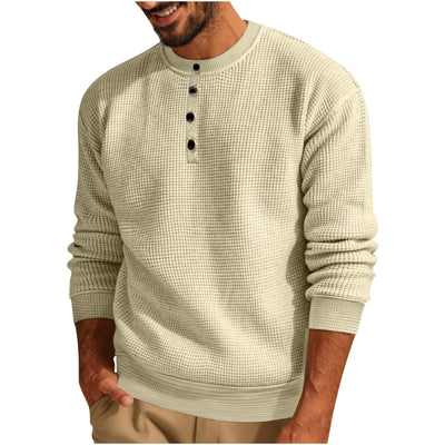 Solid Color Loose Casual Round Neck Long Sleeve Waffle Henley Shirt Nexora Store