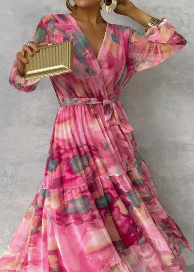 Lange mouwen bloemenprint jurk elegante V-hals geplooide hoge taille grote swing chiffon maxi-jurken voor dameskleding Nexora Store