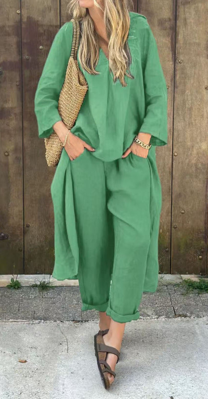 2 stuks lange mouwen pakken losse V-hals - lange top en hoge taille wijde broek met zakken Mijn winkel