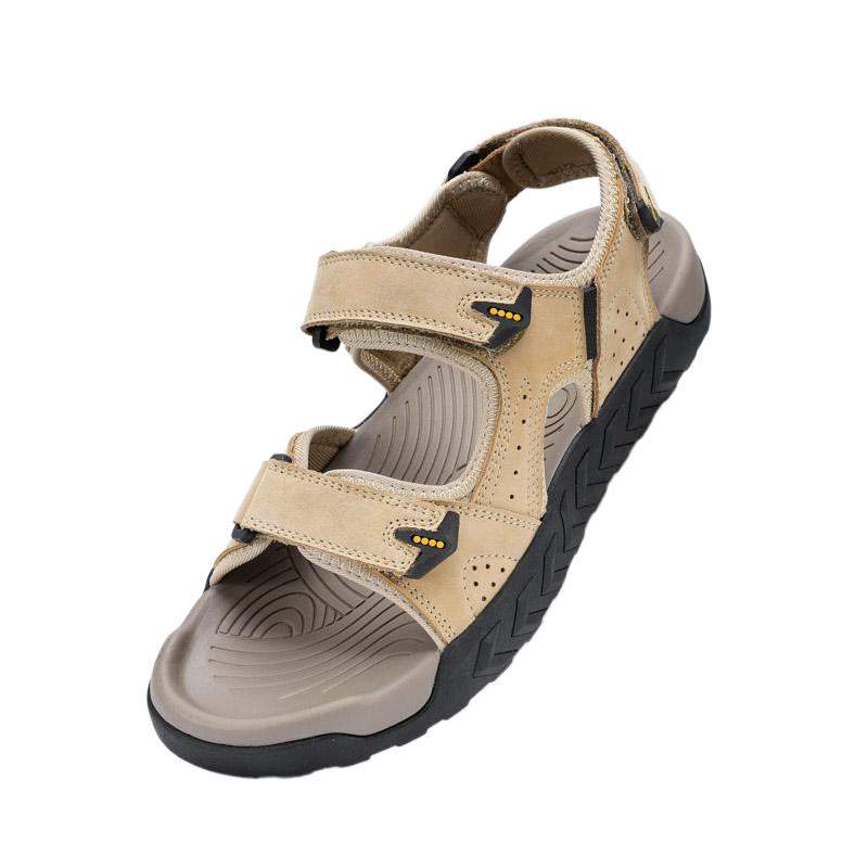 Breathable men's outdoor beach sandals in dark brown leather with adjustable Velcro straps and rubber sole