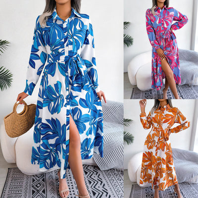 Contrasterende kleur bloemen revers gestrikt overhemd jurk lange rok Ritchy's Shop