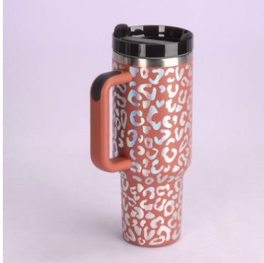 40 oz geïsoleerde roestvrijstalen tumbler met handvat en deksel in leopard print design