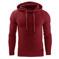 Men's hoodies sweater in textured red fabric with hood and drawstrings, made of 65% cotton and 35% polyester