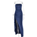 strapless split lange jurk navy blauw plooien avondjurk met hoge taille en a-lijn rok