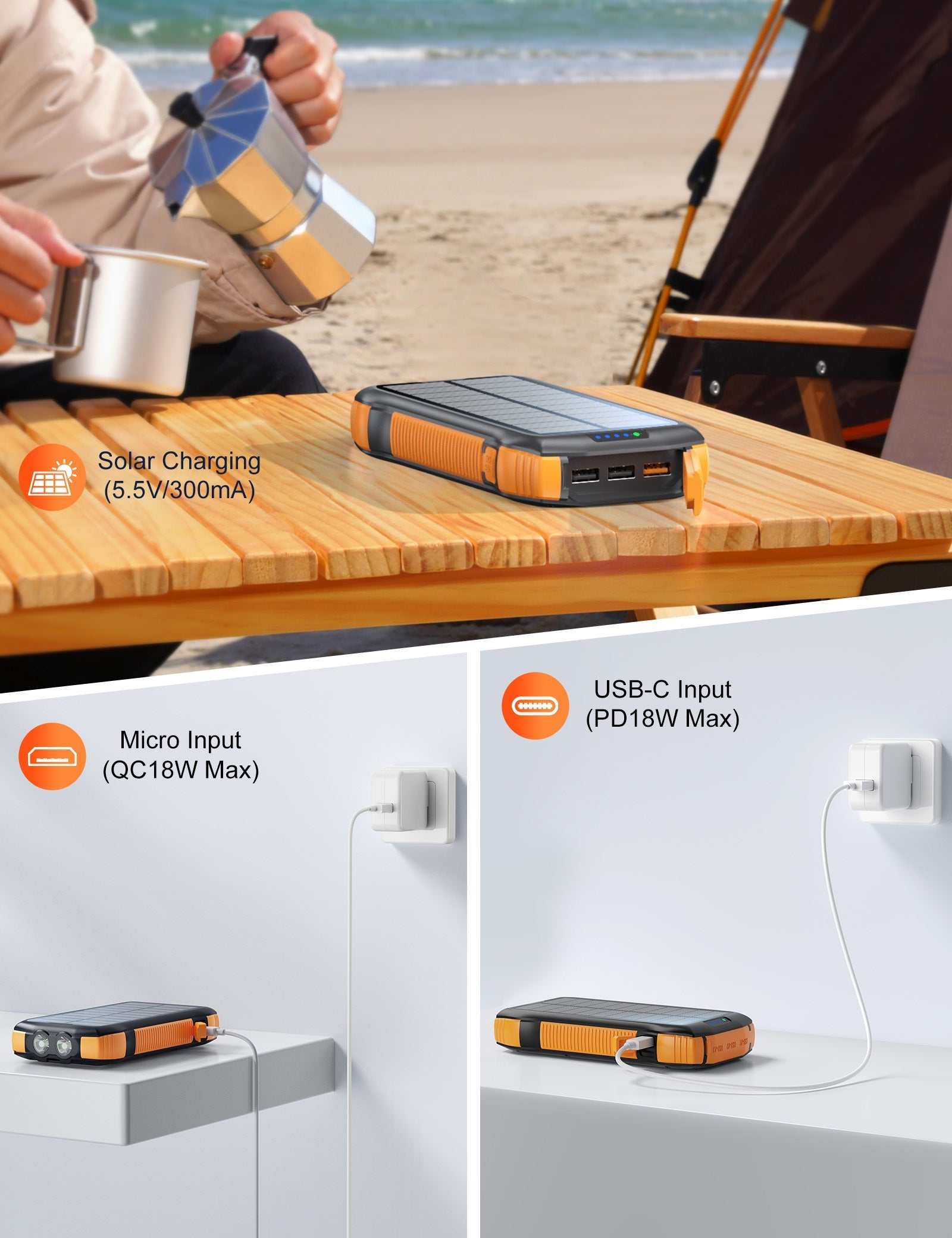 Nieuw product Grote capaciteit 20000mAh 3 USB C zaklamp IP67 waterdichte hoge snelheid draadloze oplader zonne-energie powerbank Nexora Store