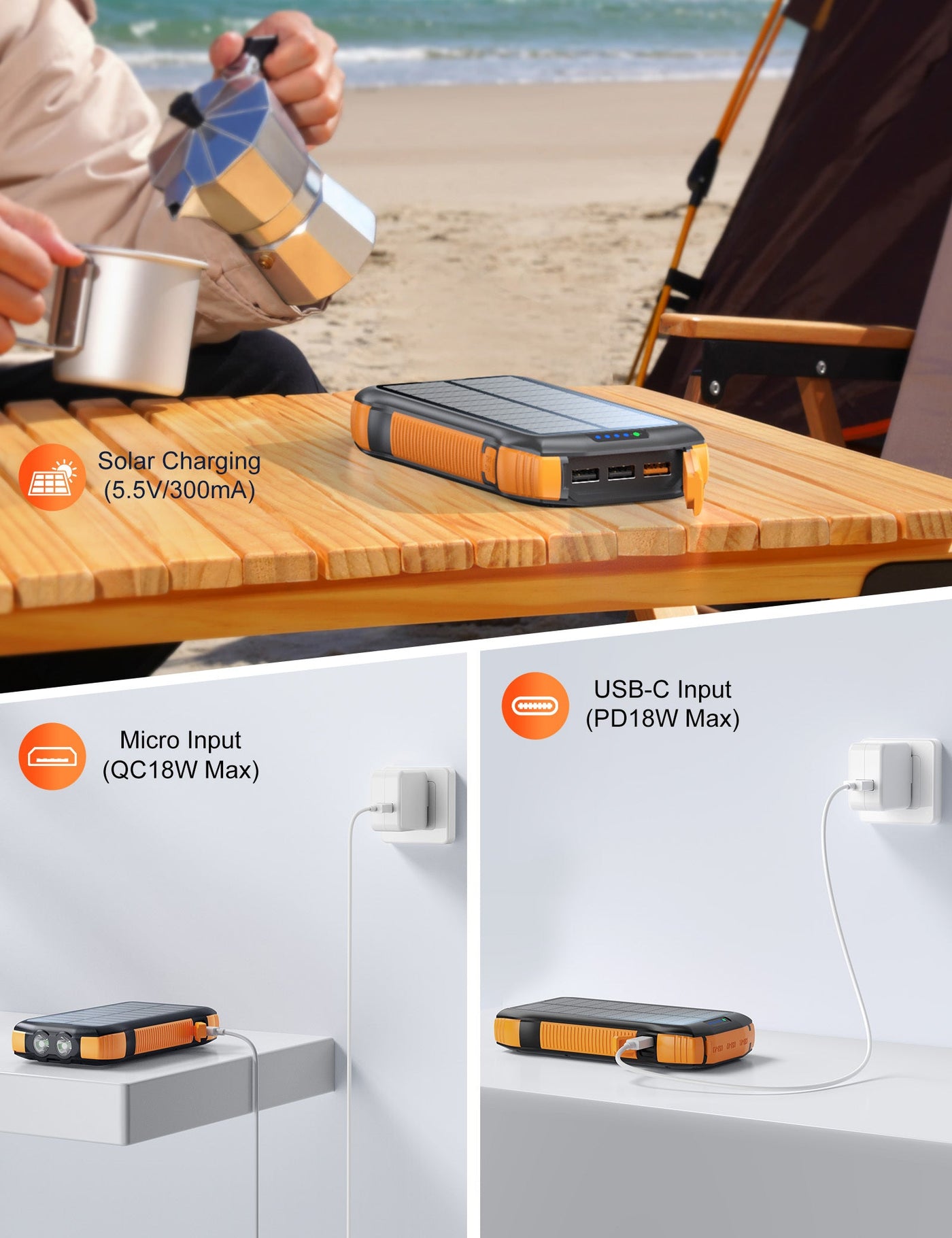 Nieuw product Grote capaciteit 20000mAh 3 USB C zaklamp IP67 waterdichte hoge snelheid draadloze oplader zonne-energie powerbank Nexora Store