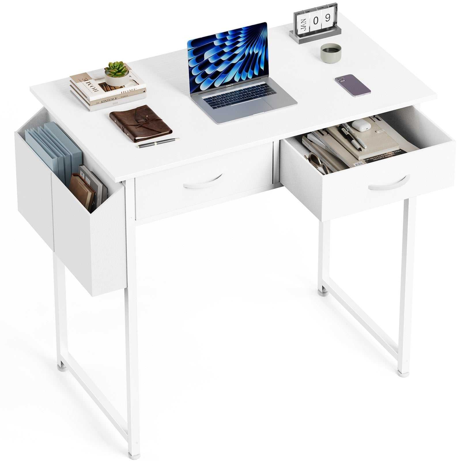 modern wit thuiskantoor bureau met lades en opbergruimte voor laptop en kantoorbenodigdheden