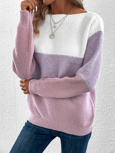 Pullover Knitted Sweater Fashion Round Neck Splicing Knitwear Loose Top Women's Clothing Nexora Store