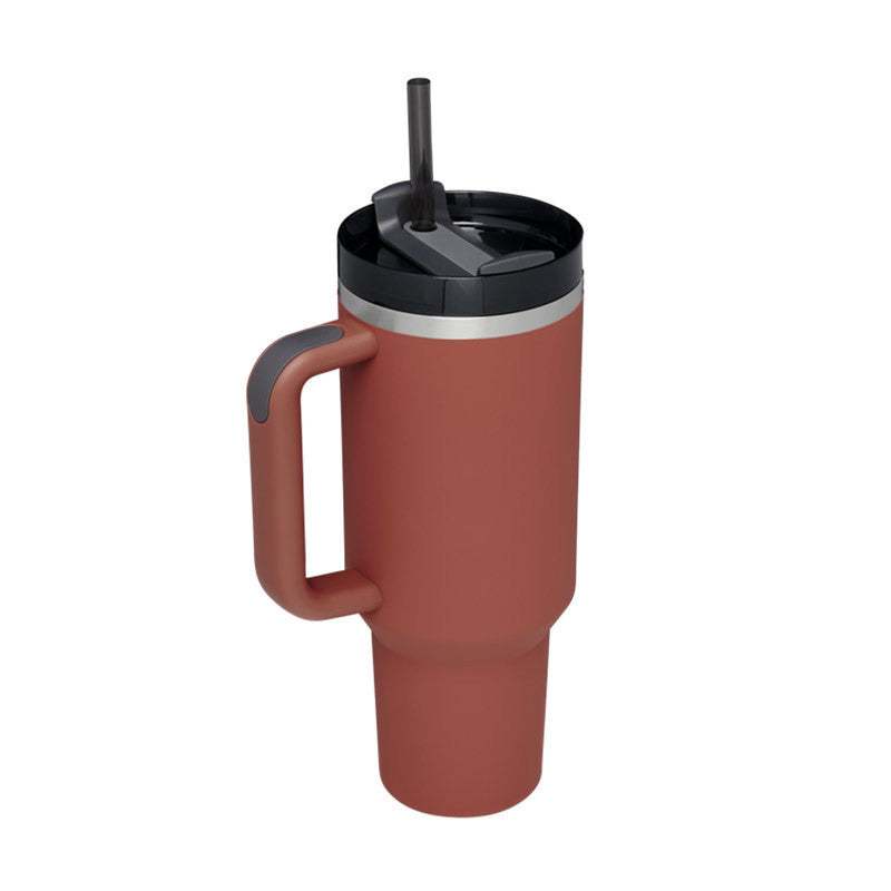 40 oz insulated stainless steel tumbler with handle, spill-proof lid, and straw in red, vacuum coffee mug for travel and office use