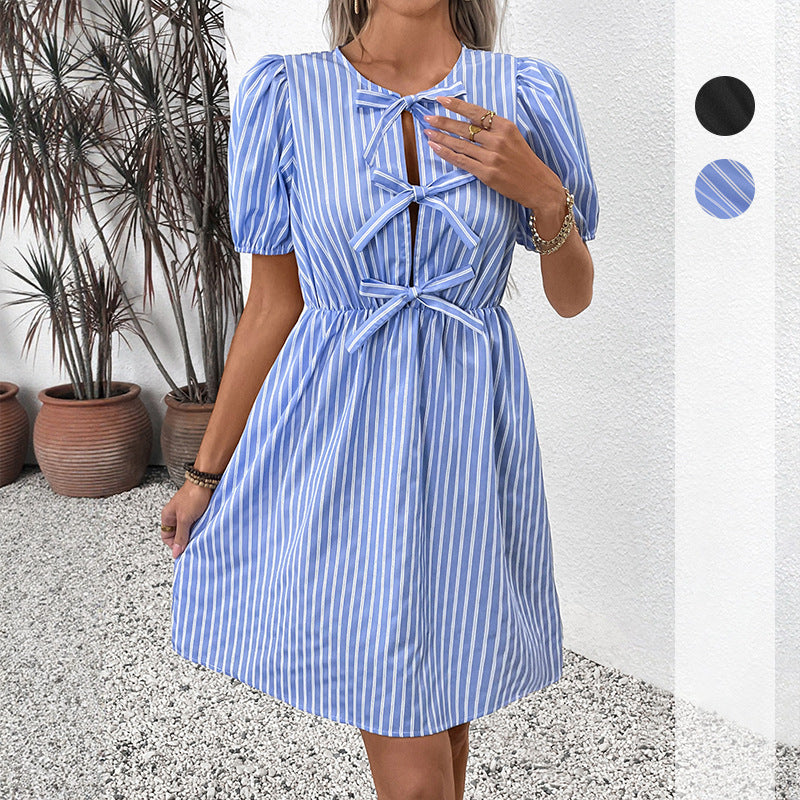 Retro gestreepte jurk met ronde hals en strik, veterjurk Nexora Store