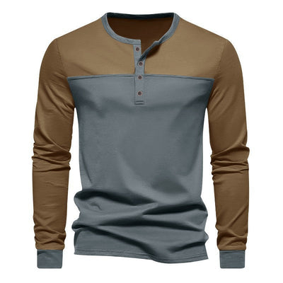 Retro Trendy Lange mouwen Kleur Matching Henry Kraag Onderkant Shirt Casual T-shirt Nexora Store