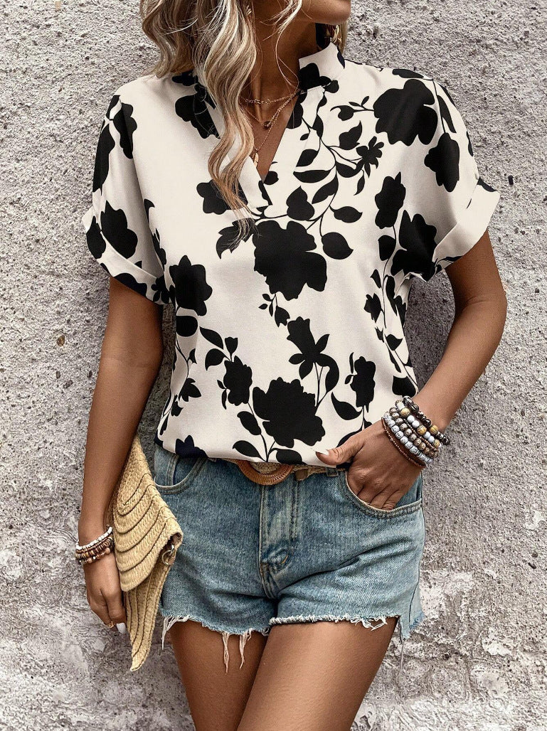 Grote bloemenprint V-hals vleermuismouwen casual los overhemd Nexora Store