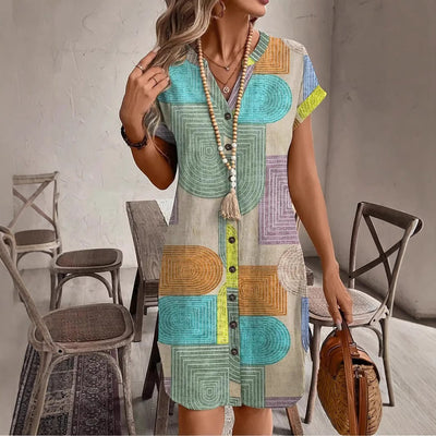 Bedrukte geweven elegante V-hals jurk met knopen Ritchy's Shop