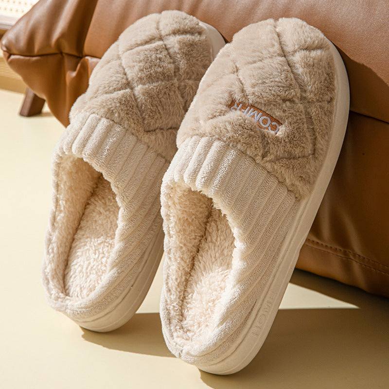 Solid Rhombic Letter Home Slippers Winter Warm Non-slip Floor Bedroom Plush Slipper For Couple House Shoes Women Men Nexora Store