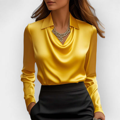 Dames Swing Collar Gedrapeerde Shirts & Blouses Elegante Effen Satijnen Kantoor Dames Top Pullover Lente Lange Mouw Casual Tops Mijn winkel