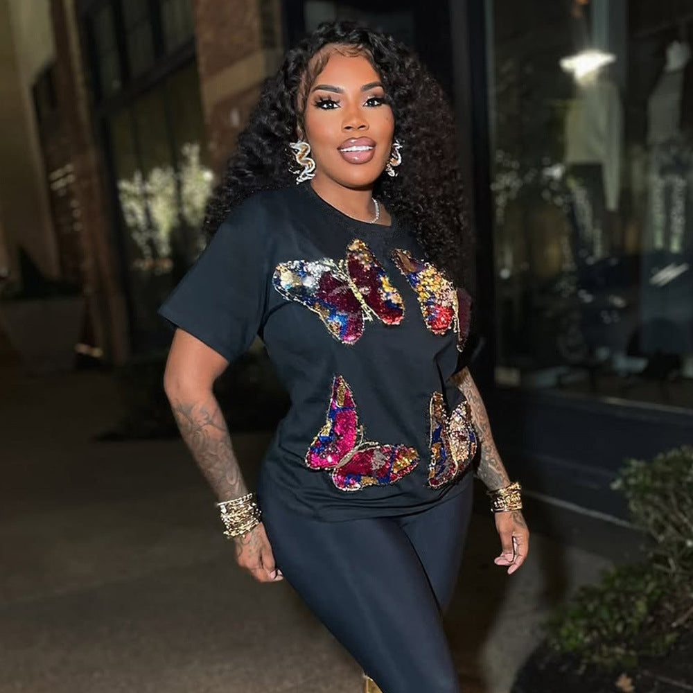 Personality Street Sequin geborduurde ronde hals dames korte mouw Nexora Store