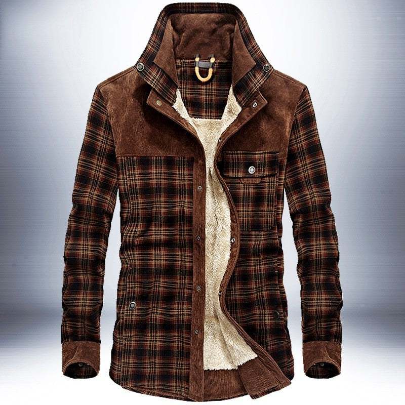 Warme heren winterjas met dikke fleece voering en geruit katoen design