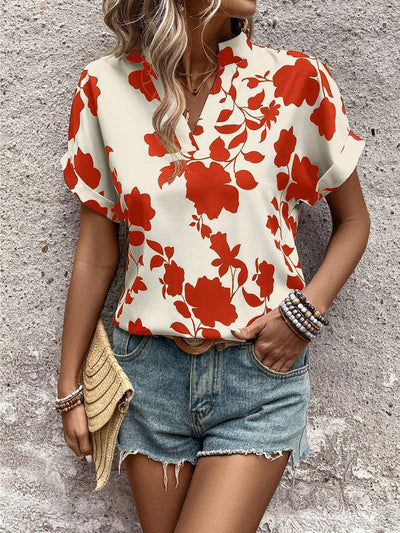 Grote bloemenprint V-hals vleermuismouwen casual los overhemd Nexora Store