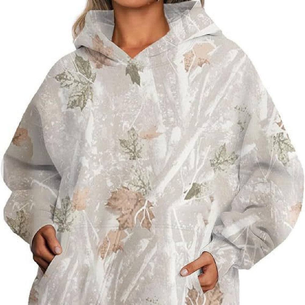 Casual damestop met zakken en plantenprint met capuchon en lange lantaarnmouwen in lichtgrijs polyester