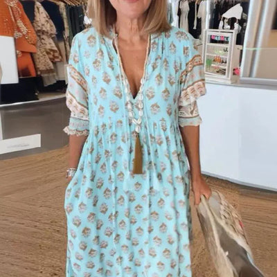 Zomerse Boheemse printjurk met lantaarnmouwen, modieuze losse V-hals, ruches, lange jurk, strandkleding voor vrouwen Ritchy's Shop