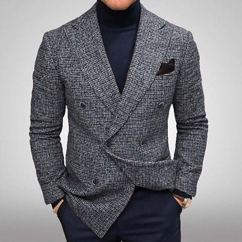 casual men's gentleman slim fit plaid suit jacket in gray knitted polyester with double-breasted design and side seam pockets